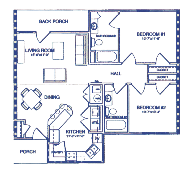 HC - Two Bedroom / Two Bath - 1,037 Sq. Ft.*