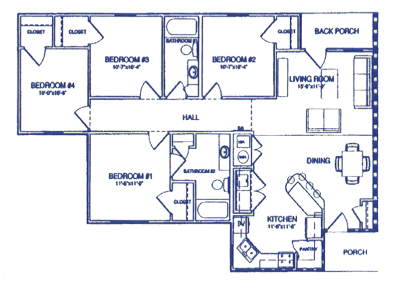 Four Bedroom / Two Bath - 1,332 Sq. Ft.*